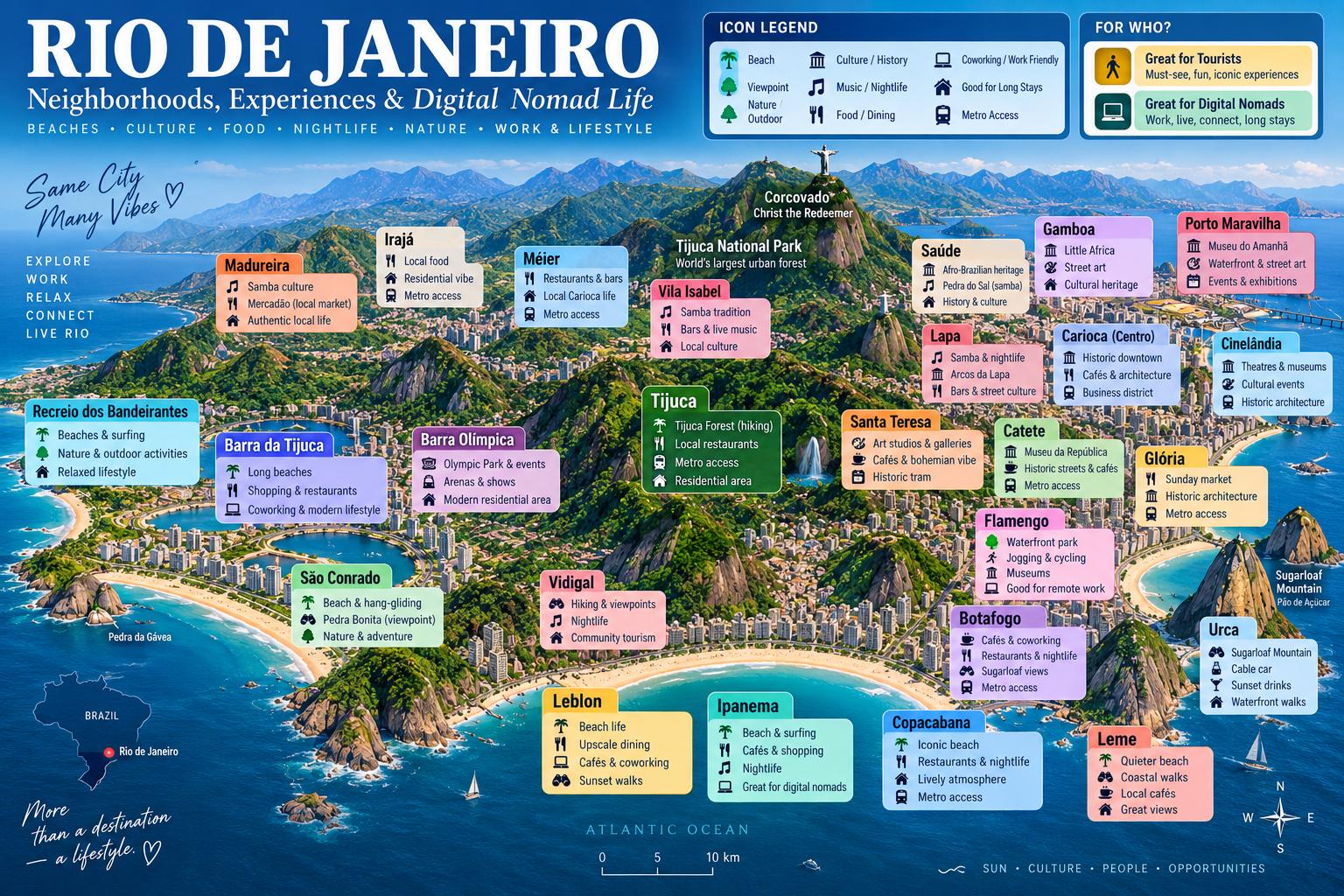 Illustrated map of Rio de Janeiro's neighborhoods, beaches and landmarks