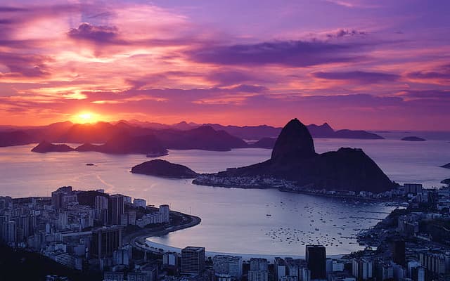 Dusk skyline over Guanabara Bay with Sugarloaf Mountain, Rio de Janeiro
