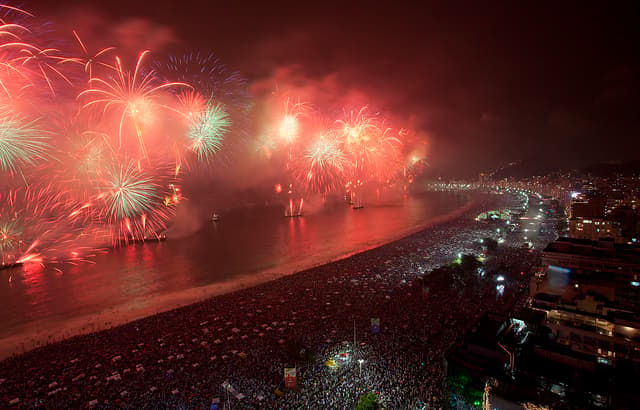 Réveillon fireworks over Copacabana beach, Rio de Janeiro